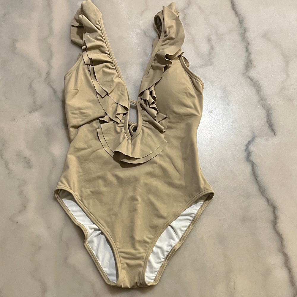 Michael Kors Beige One Piece Swimsuit with Ruffles and Ties